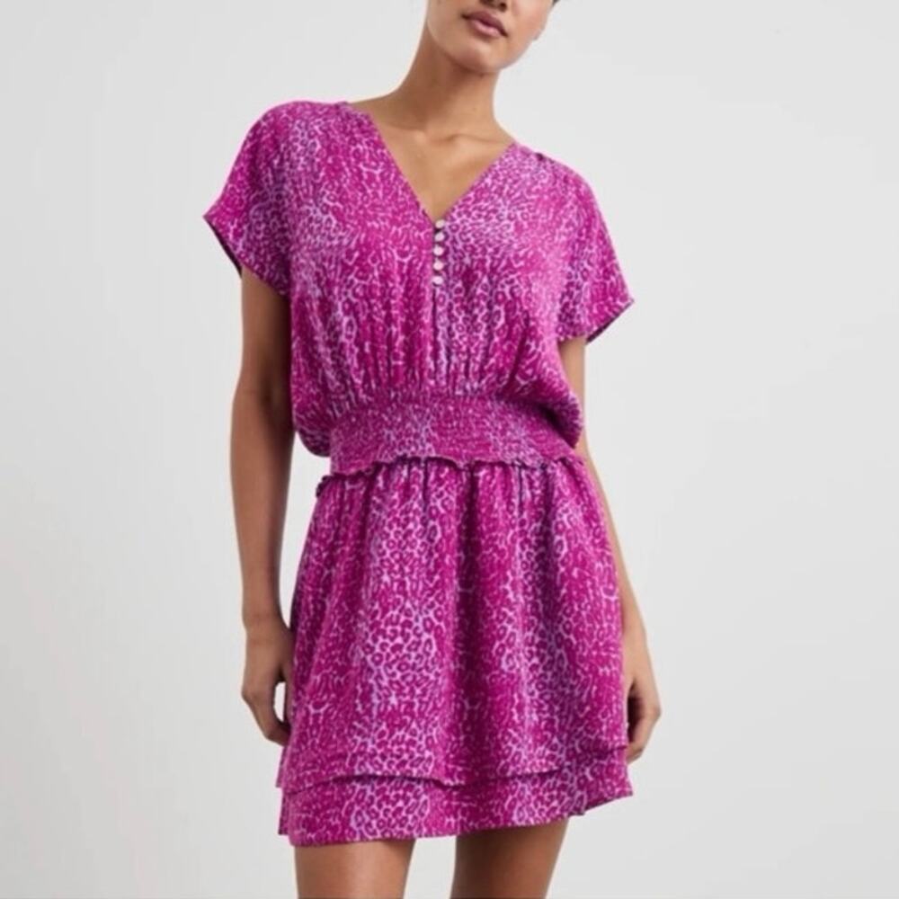 Rails Karla Magenta Cheetah Print Mini Dress Smocked Waist Flirty Flowy Size M